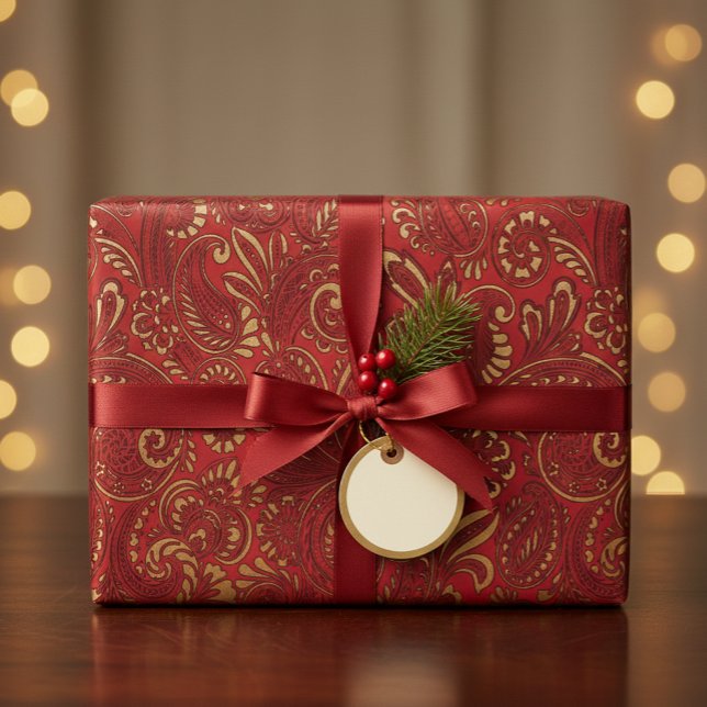 Papel De Presente Românico Vermelho Nulo Damasco Paisley Bold Floral (Criador carregado)