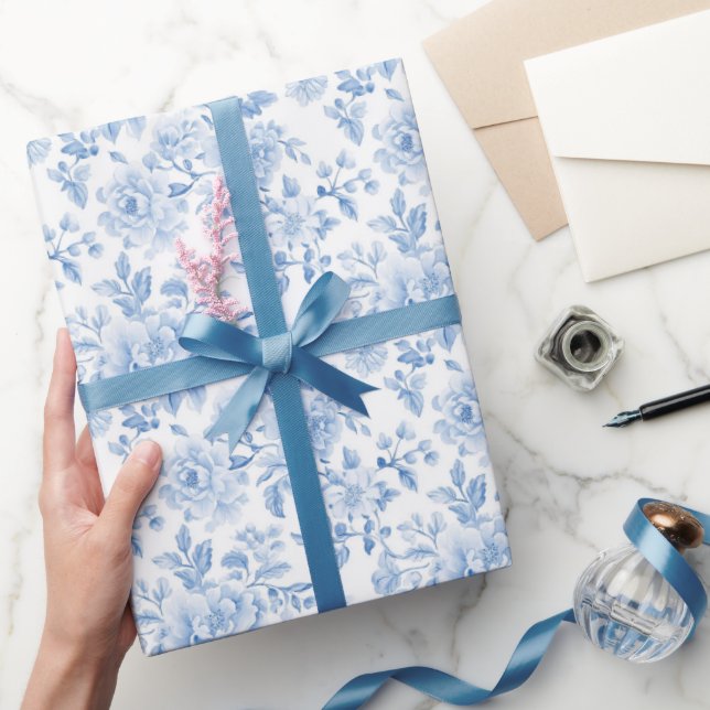 Papel De Presente Romantic Blue White Flowers Bridal Shower (Presentear)