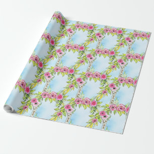 Papel De Presente Romântica Aquarela Art Nouveau Rosa Vine
