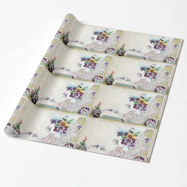 Papel De Presente ROMANTİCA Floral,Flower Basket Elegante,Pansias (Desenrolado)
