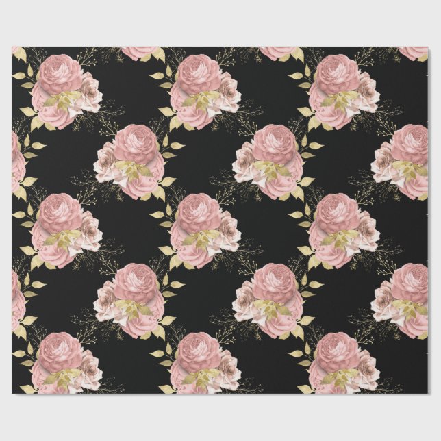 Papel de Presente Romântico Blush Floral Preto e D (Aberto)