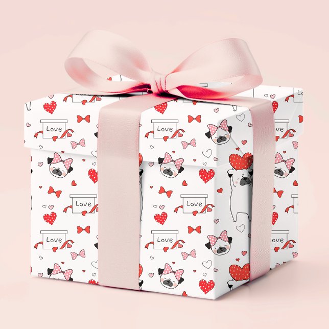 Papel De Presente Romântico Vermelho Pug Love | DIA DE OS NAMORADOS (Criador carregado)