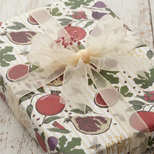 Papel De Presente Romãs, Figos, Abelhas de Mel Mazel Tov Judaicas (Elegant Jewish Mazel Tov Wrapping Paper. Butter Yellow Stripes Pattern with Pomegranate Fruit & Figs)
