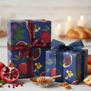 Papel De Presente Romãs, Figos e Abelhas Azuis-Marinho