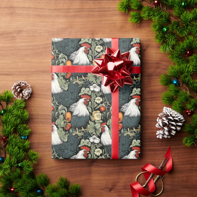 Papel De Presente Roosters no Jardim Verde William Morris Style (Presente de Natal)