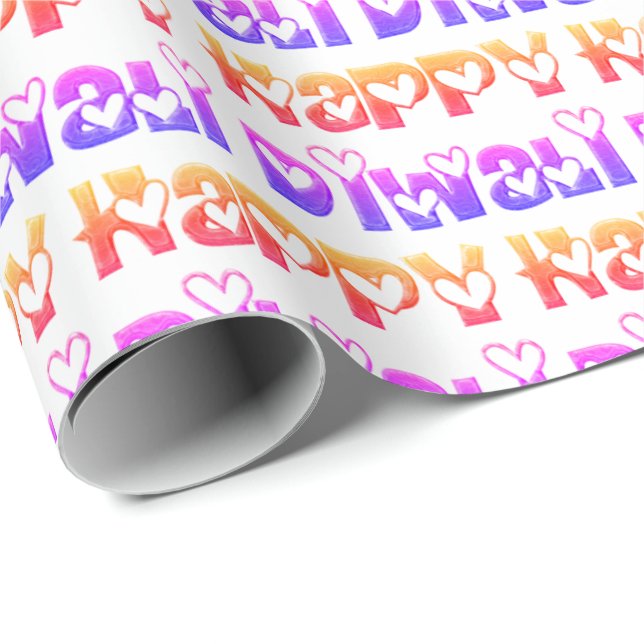 Papel De Presente Rosa alaranjado de cumprimento feliz dos corações (Ponta do rolo)