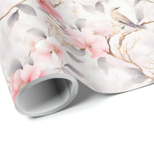 Papel De Presente Rosa Asian Floral Pássaro