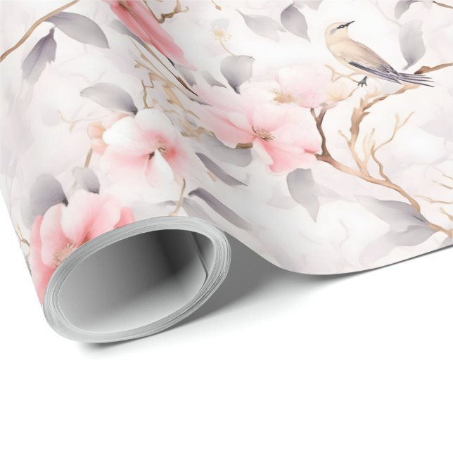 Papel De Presente Rosa Asian Floral Pássaro (Ponta do rolo)