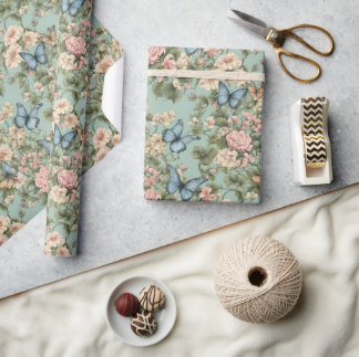 Papel De Presente Rosa Azul Floral e Borboleta Mais Suave