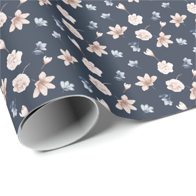 Papel De Presente Rosa Bege Azul Marinho Floral (Ponta do rolo)