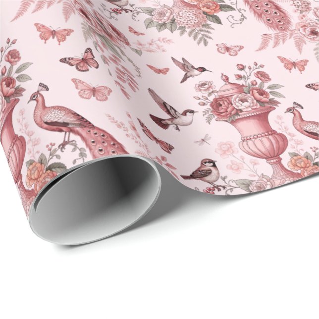 Papel De Presente Rosa Bege e Branco Padrão Toile Chinoiserie (Ponta do rolo)