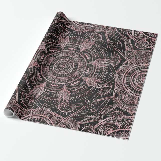 Papel De Presente Rosa Boho Cinza Dourada Mandala Design (Desenrolado)