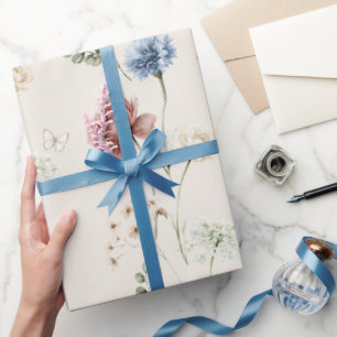 Papel De Presente Rosa Borgonha Flores Azuis Brancas Borboleta Nupci