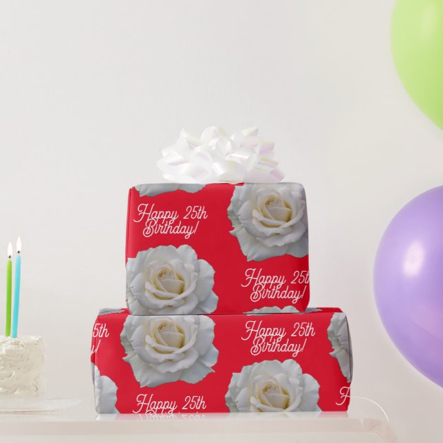 Papel De Presente Rosa Branca Feliz Aniversário Vermelho (Presentes para festas)