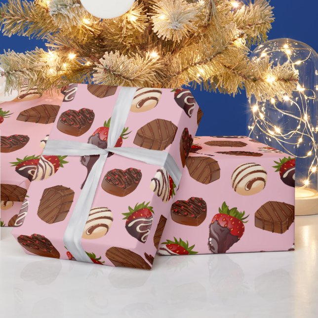 Papel De Presente Rosa Chocolate Romântico Morango & Trufa (Feriados)