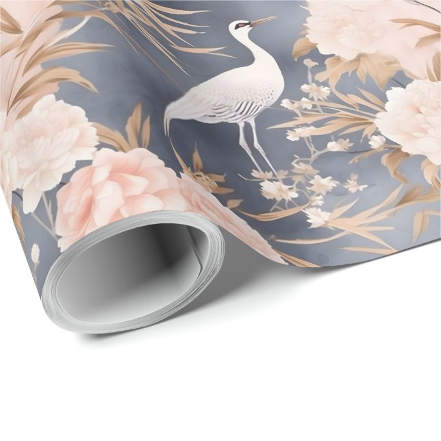 Papel De Presente Rosa Cinza Floral Asiático Pássaro (Ponta do rolo)