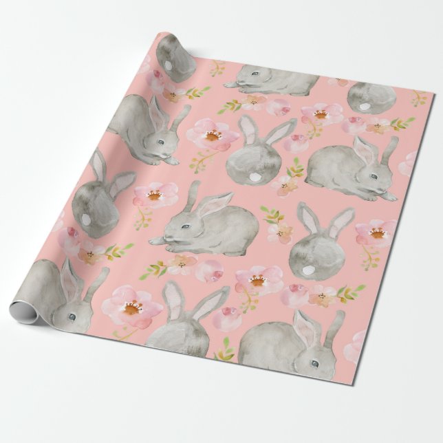 Papel De Presente Rosa. Coelhos e Flores. (Desenrolado)
