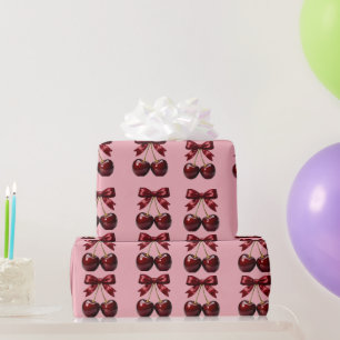 Papel de Presente Rosa com Cerejas e Laços Vermelh