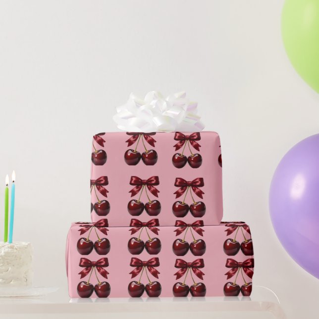 Papel de Presente Rosa com Cerejas e Laços Vermelh (Presentes para festas)