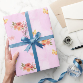Papel De Presente Rosa con Betas Blancas y Ramo de Flores Silvestres