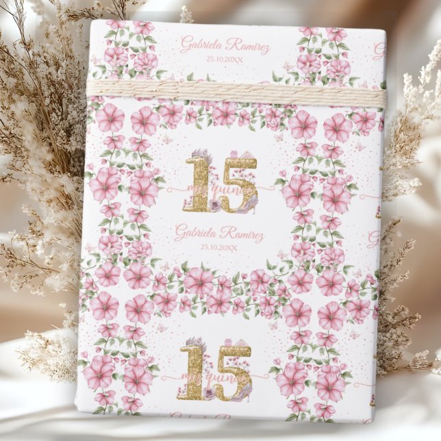 Papel De Presente Rosa Corado Dourado Mis Quince Quinceañera (Criador carregado)