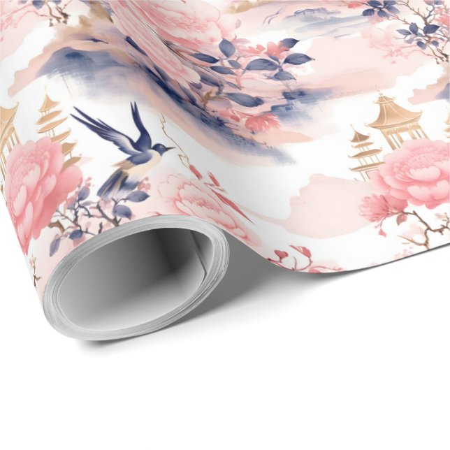 Papel De Presente Rosa Corado Floral Casa Asiática  (Ponta do rolo)