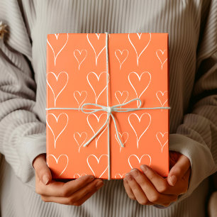 Papel De Presente Rosa Coral Contorno de Coração Branco Elegante e