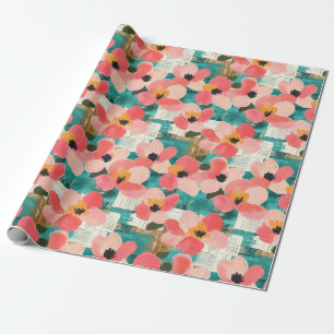 Papel De Presente Rosa Coral Floral Turquesa Vintage