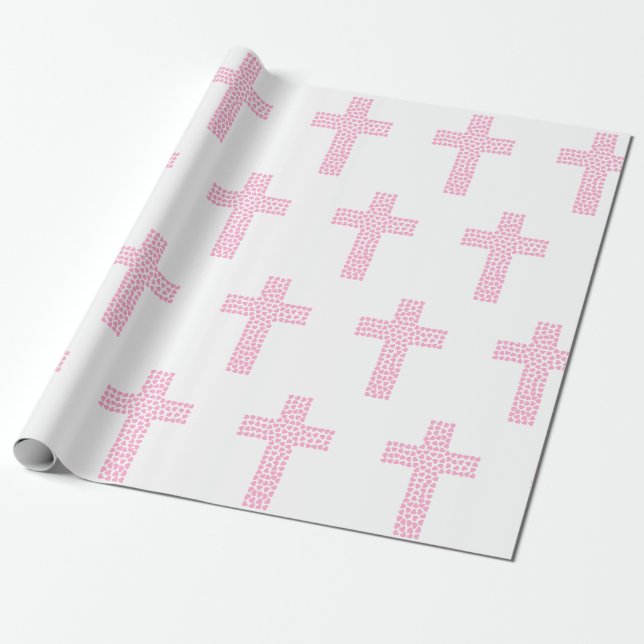 Papel De Presente Rosa da confirmação da cruz do batismo do baptismo (Desenrolado)
