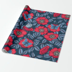 Papel De Presente Rosa de cão e borboletas em azul e vermelho
