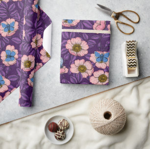 Papel De Presente Rosa de cão e borboletas em rosa e roxo