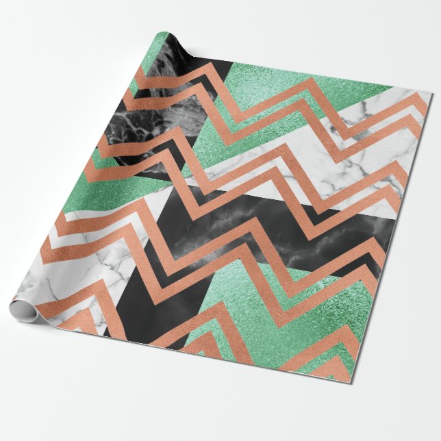 Papel De Presente Rosa de Cobre Dourada Marble Carrara Chevron Mint  (Desenrolado)
