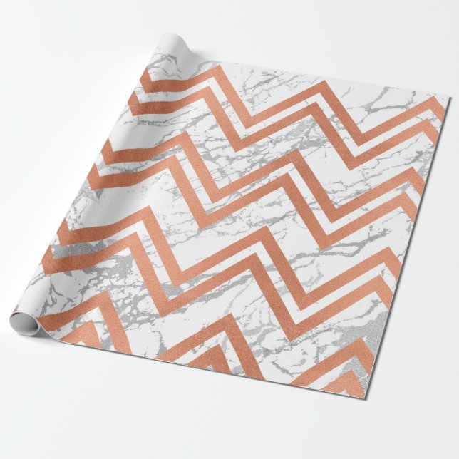 Papel De Presente Rosa de Cobre Dourada Marble Zig Zag Chevron Cinza (Desenrolado)