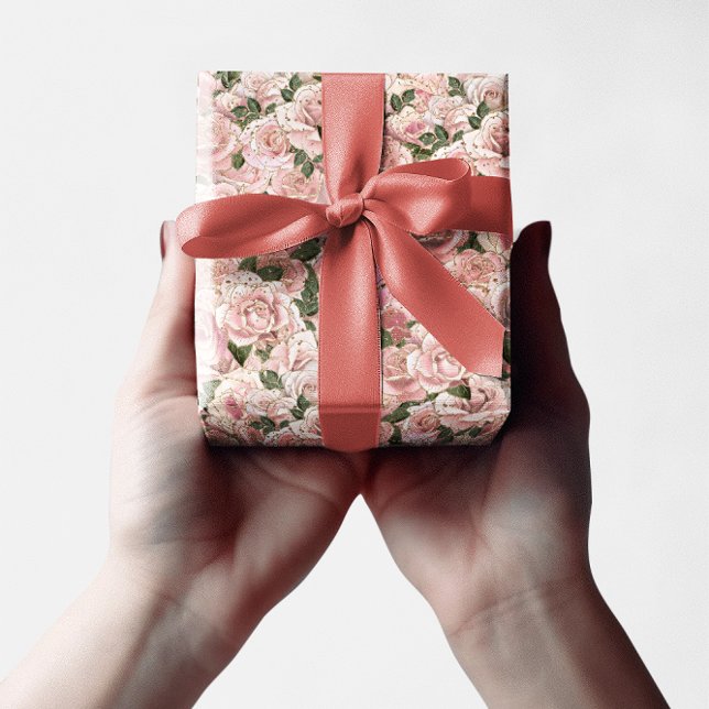Papel De Presente Rosa de Gelado Dourado, Cor-de-rosa, azevinado (Decorative Blush Pink Gold Glam Rose Botanical Wrapping Paper)