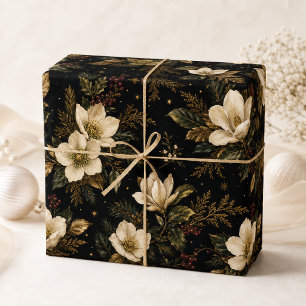 Papel De Presente Rosa de Natal Hellebore Floral Preto e Dourado