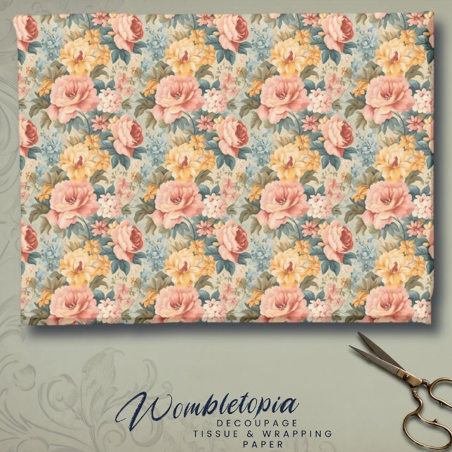 Papel De Presente Rosa de Pêssego Antiquado e Floral Verde Sage (Criador carregado)