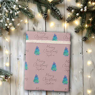 Papel De Presente Rosa de pó personalizado com aquarelas Feliz Natal