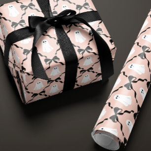 Papel De Presente Rosa Doce Fantasmas e Laços Pretos Halloween