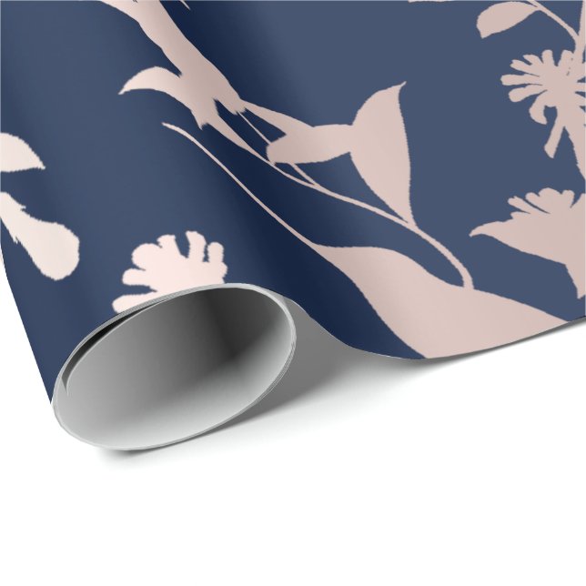 Papel De Presente Rosa Dourado Blush Hummingbird Flores Azul Marinho (Ponta do rolo)