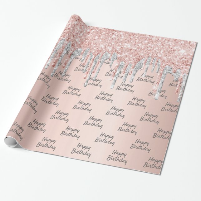 Papel De Presente Rosa dourado cor-de-rosa pinga prata aniversário (Desenrolado)