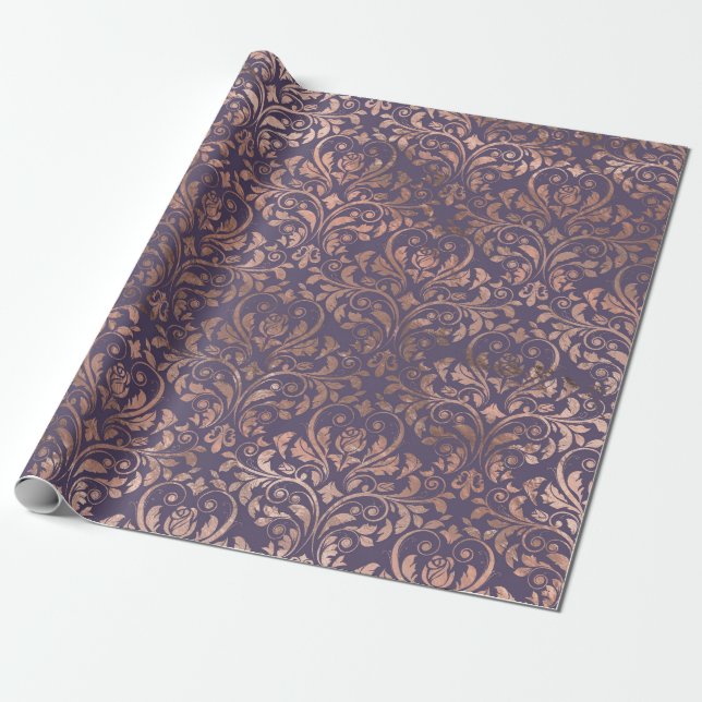 Papel De Presente Rosa Dourado Damask on Purple (Desenrolado)