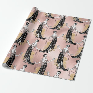 Papel De Presente Rosa Dourado e Rosa Bege Art Deco Vinho