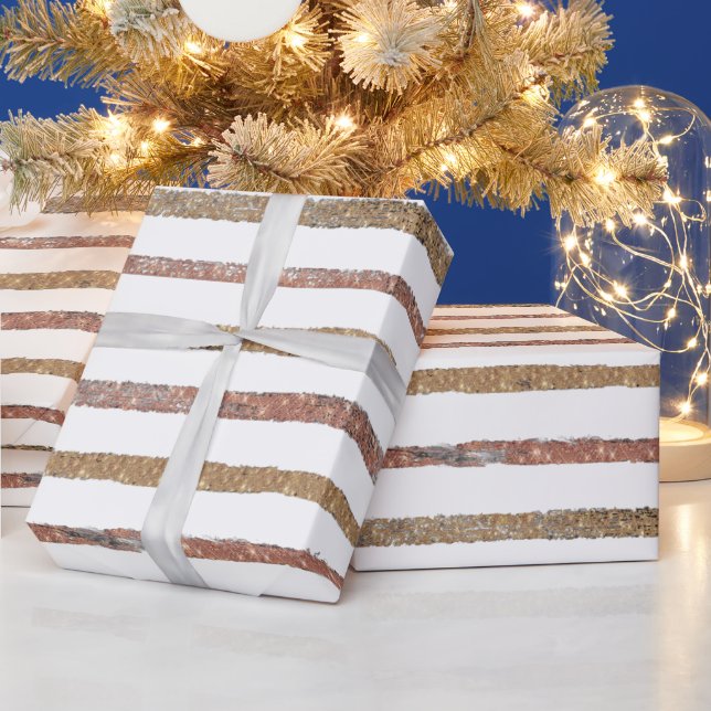 Papel De Presente Rosa Dourado Elegante & Listras Brancas (Feriados)