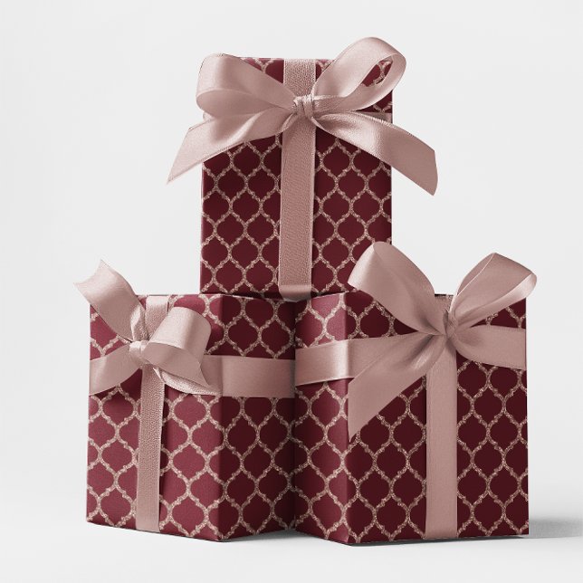 Papel De Presente Rosa Dourado Luminter Faux e Quatrefoil (Faux Rose Gold Glitter and Burgundy Quatrefoil Wrapping Paper)