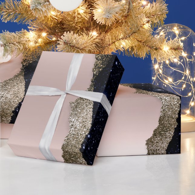 Papel De Presente Rosa Dourado Moderno com Brilho Preto (Feriados)