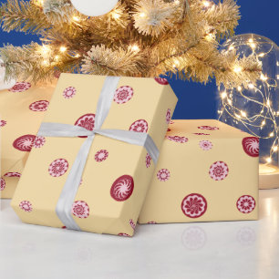 Papel De Presente Rosa Dourado Pontos Vermelhos Bege Círculo Geométr