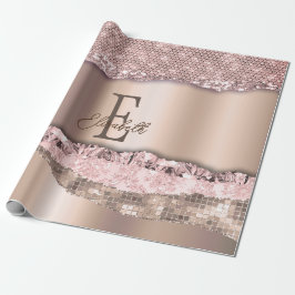 Papel De Presente Rosa Dourado Tendência Diamantes Brilho Monograma