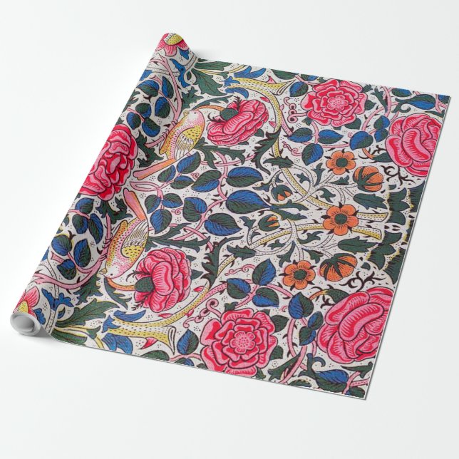 Papel De Presente Rosa e Bird, William Morris (Desenrolado)