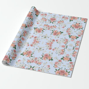 Papel De Presente Rosa e Cream na Floral Azul Vintage