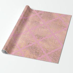Papel De Presente Rosa e Dourado Paris Foil Damask